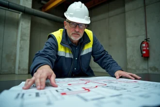 Ingénieur en sécurité incendie examinant un plan de protection incendie dans un bâtiment industriel