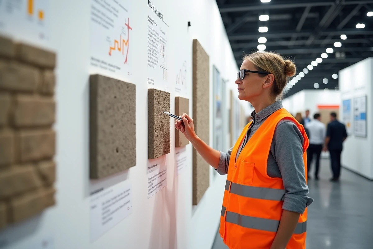 Ingénieure présentant de nouveaux matériaux de construction innovants lors d'un salon professionnel du bâtiment