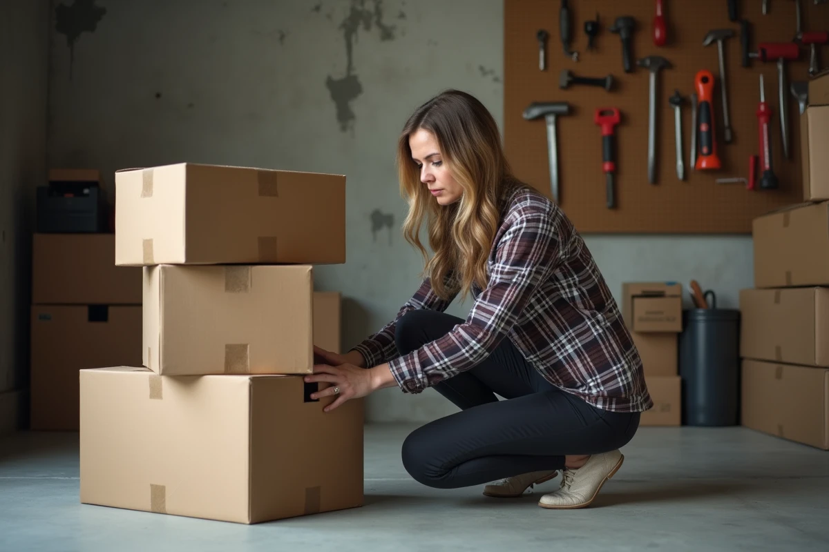 Femme inspectant des cartons stockés dans un garage humide avec murs en béton abîmés