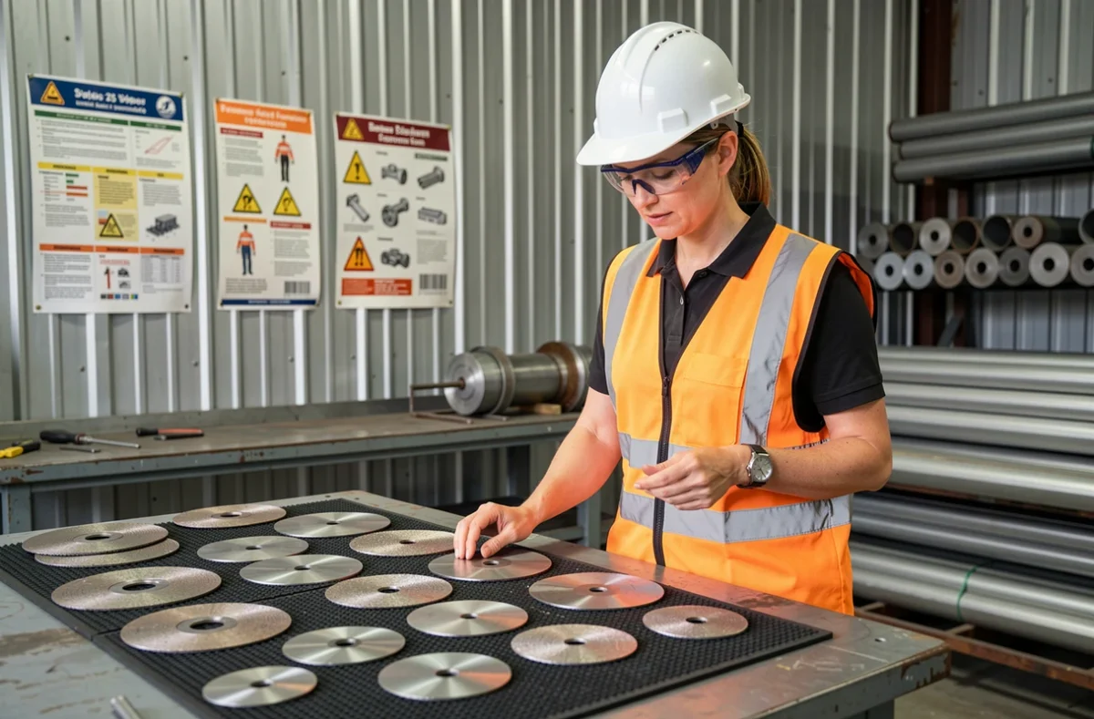 Technicienne inspectant des disques à tronçonner métal usés et neufs sur un établi dans un atelier de métallurgie pour évaluer la durabilité
