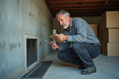 Homme inspectant une grille de ventilation dans un sous-sol en béton pour améliorer la circulation d'air