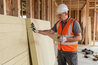 Inspecteur de chantier vérifiant la qualité de l'isolation thermique sur un mur à ossature bois, isolation effi 65