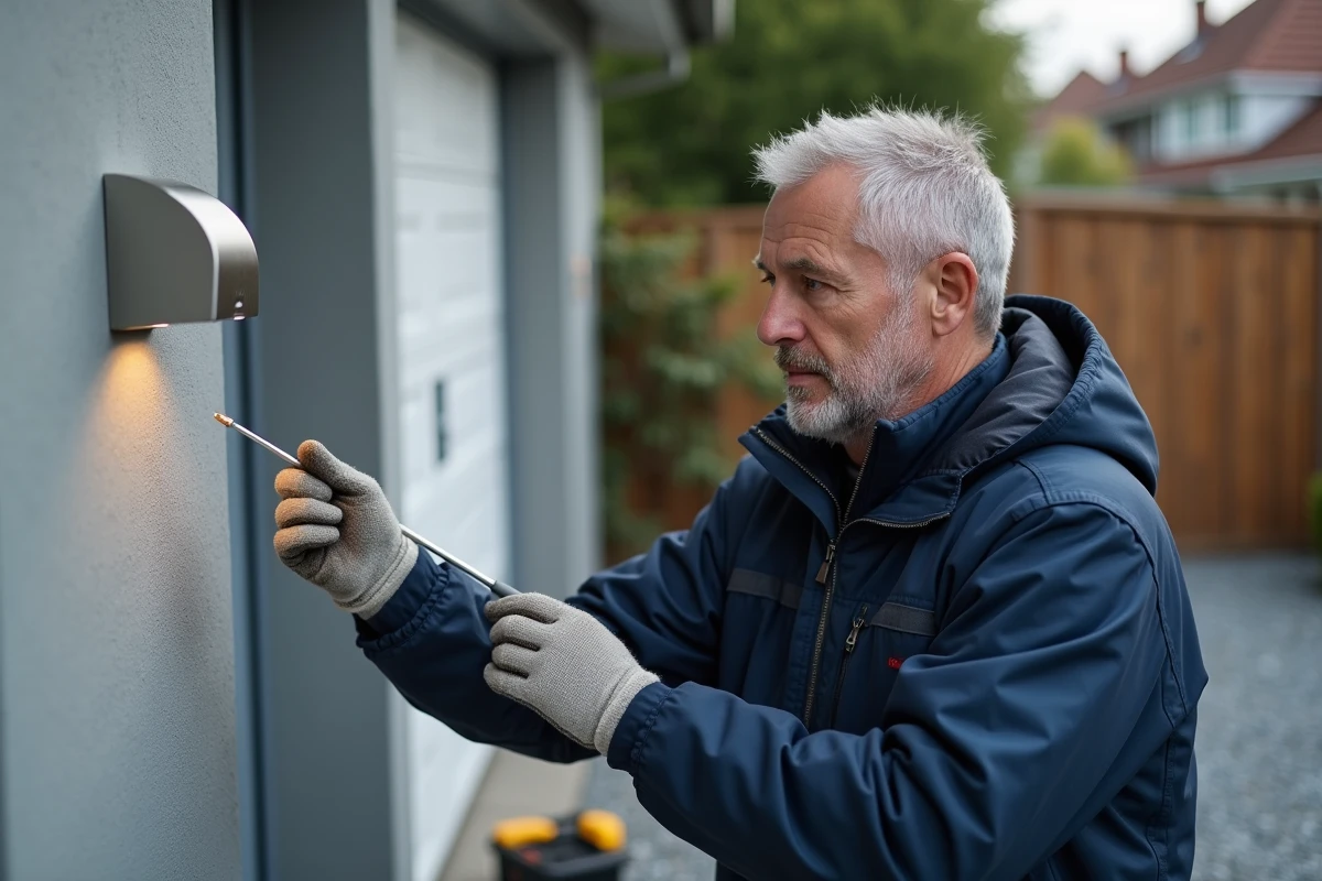 Homme installant une applique murale extérieure sur façade béton devant un garage résidentiel