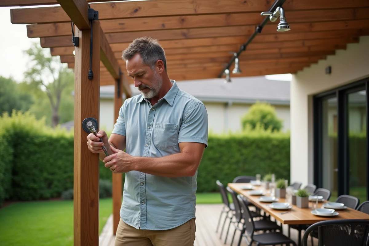 Homme installant un système de brumisation sous une pergola en bois dans un jardin résidentiel
