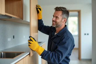 Technicien Conforama en train d'installer des meubles de cuisine dans un appartement moderne