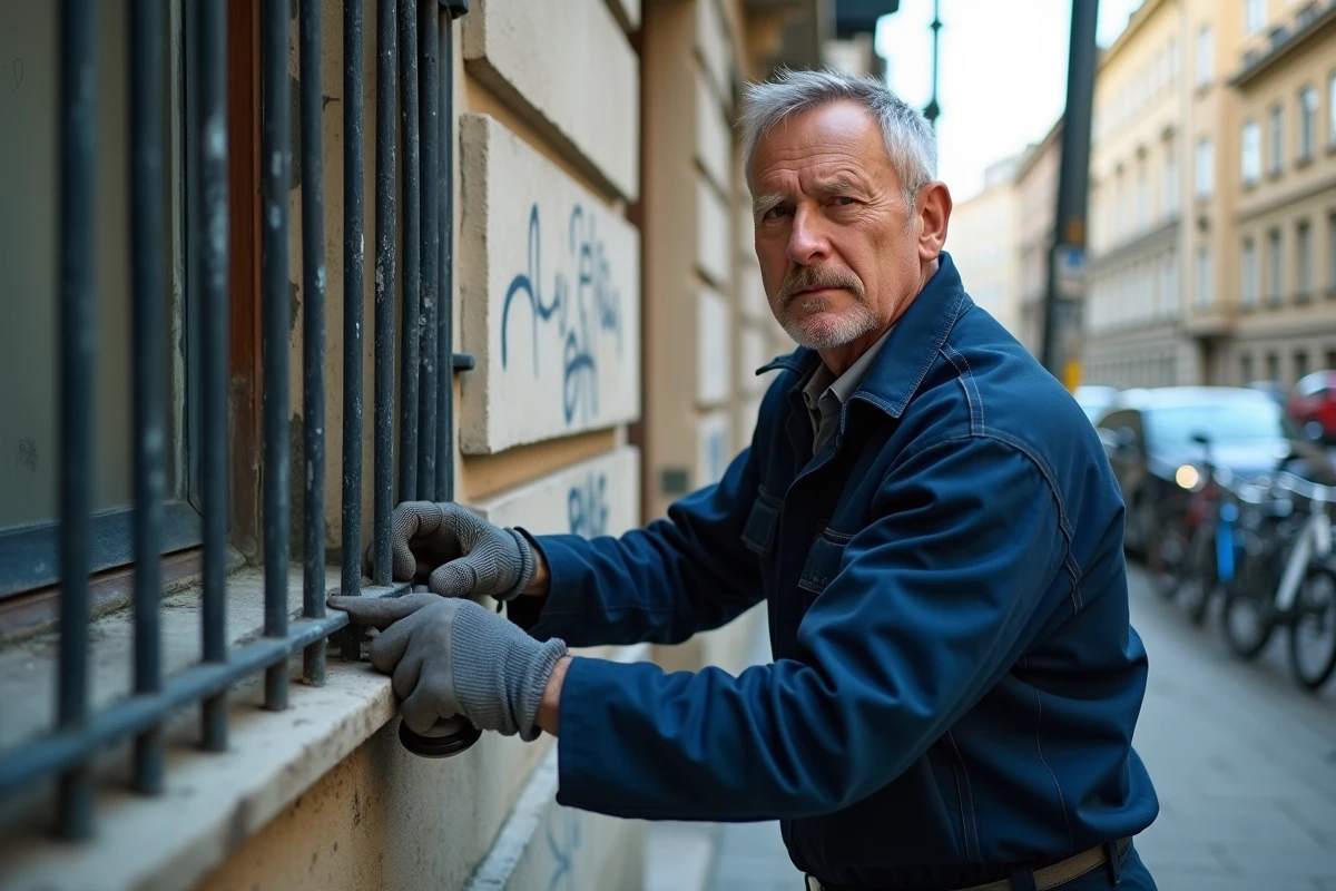 Serrurier installant une grille de sécurité sur une fenêtre d'appartement en milieu urbain