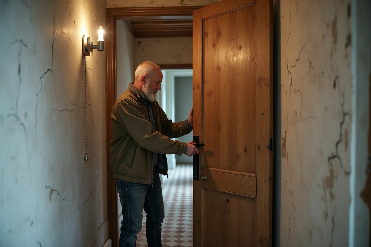Artisan installant une poignée de porte moderne sur une porte en chêne ancienne dans un couloir de maison de ville rénovée