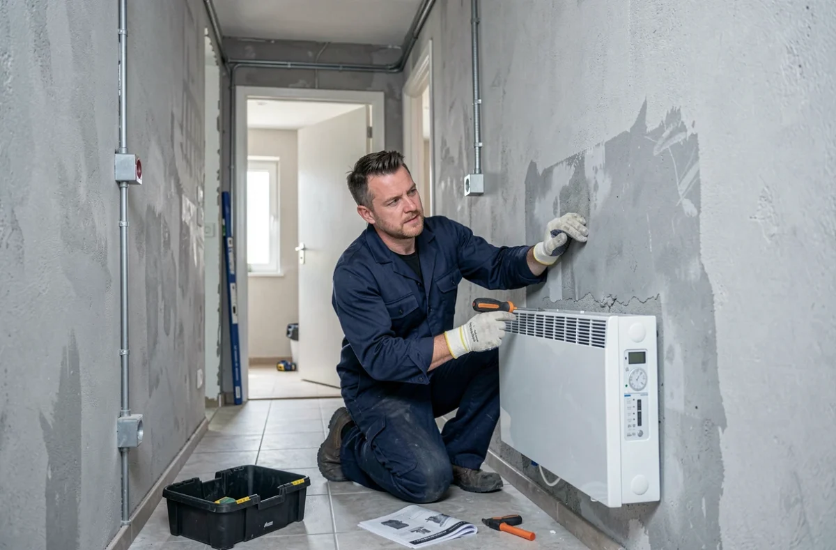 Technicien en uniforme installant un radiateur à accumulation électrique sur un mur en plâtre dans un couloir en rénovation