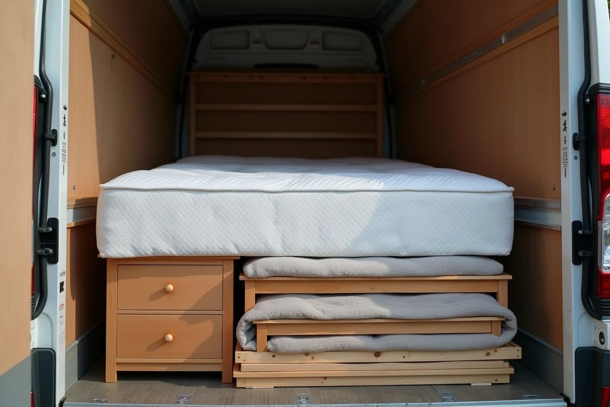 Intérieur d'un camion de déménagement 6m3 bien organisé avec un matelas rangé à plat sur des meubles
