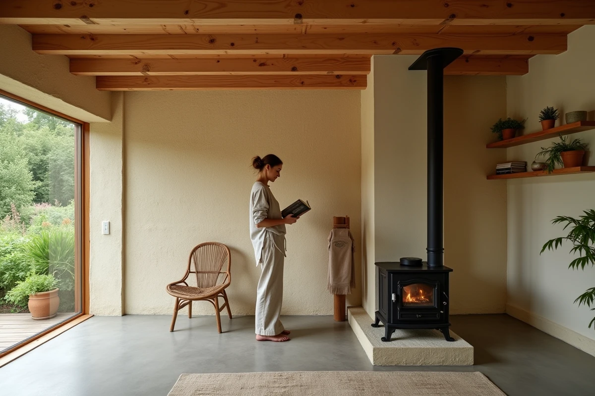 Intérieur d'une maison écologique en paille et chaux avec poêle de masse et matériaux naturels