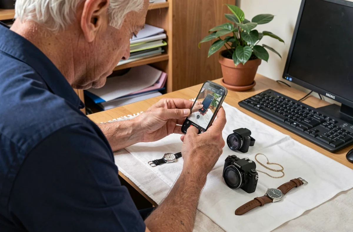 Homme photographiant ses objets de valeur pour constituer un inventaire de biens destiné à son assurance habitation Macif