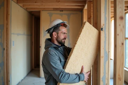 Professionnel du bâtiment tenant un panneau d'isolant en fibre de bois sur un chantier de rénovation intérieure
