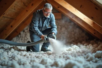 Artisan soufflant de la ouate de cellulose en vrac dans un espace de combles avec une machine de projection professionnelle