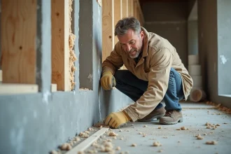 Ouvrier installant des panneaux d'isolation rigide contre un pont thermique au niveau d'un angle mur-plancher sur chantier