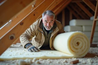 Artisan posant de la laine minérale entre des solives en bois dans un grenier pour améliorer l'isolation thermique