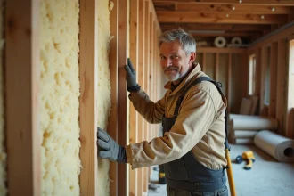 Ouvrier posant des panneaux de laine minérale dans une cloison en bois lors de travaux d'isolation thermique intérieure