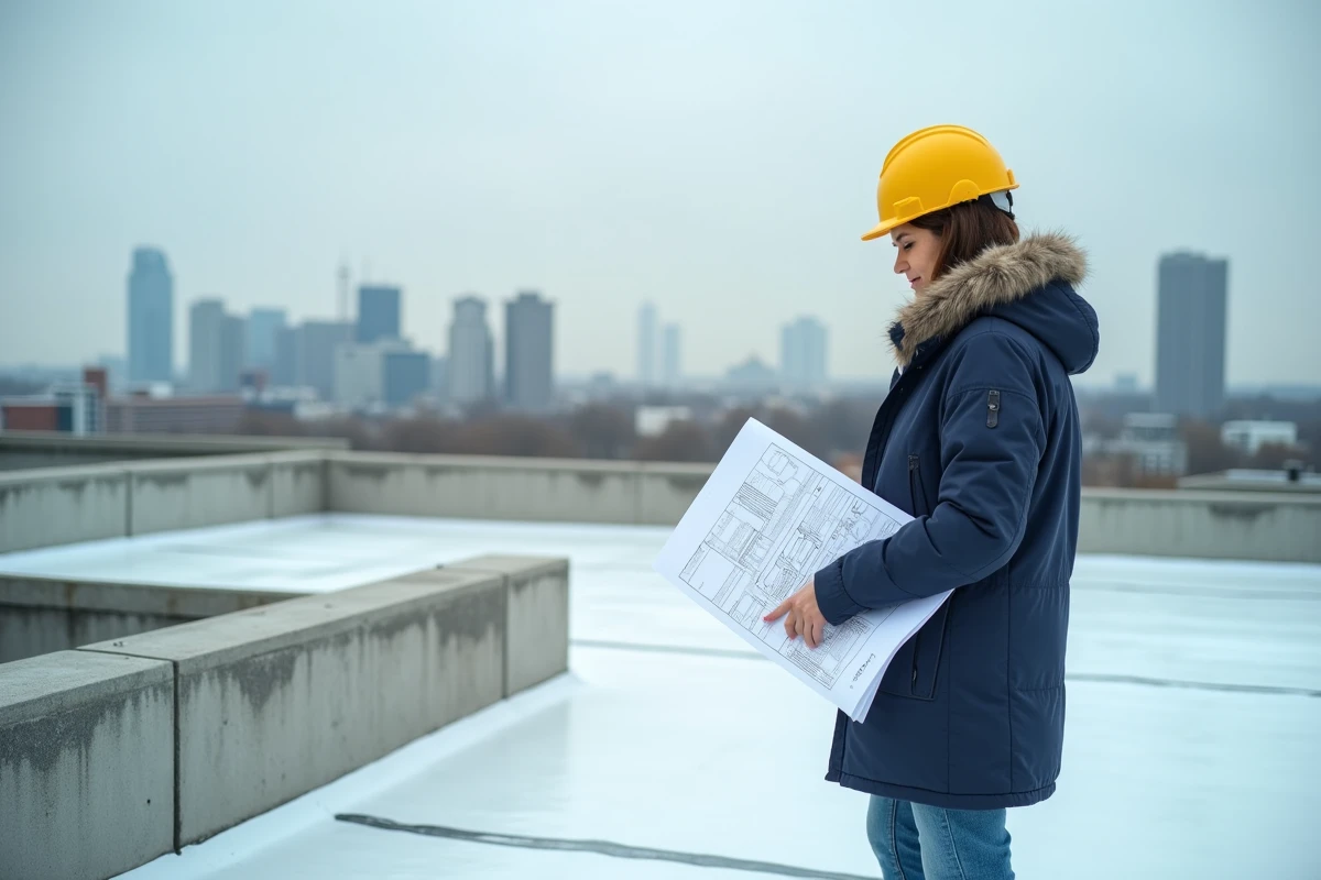 Architecte inspectant des panneaux isolants rigides en polyuréthane sur un toit terrasse lors d'une opération d'isolation par l'extérieur