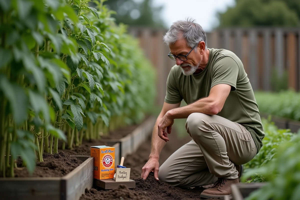 Homme jardinier agenouillé dans un potager à côté de plants de tomates avec une boîte de bicarbonate de soude et des outils de jardinage