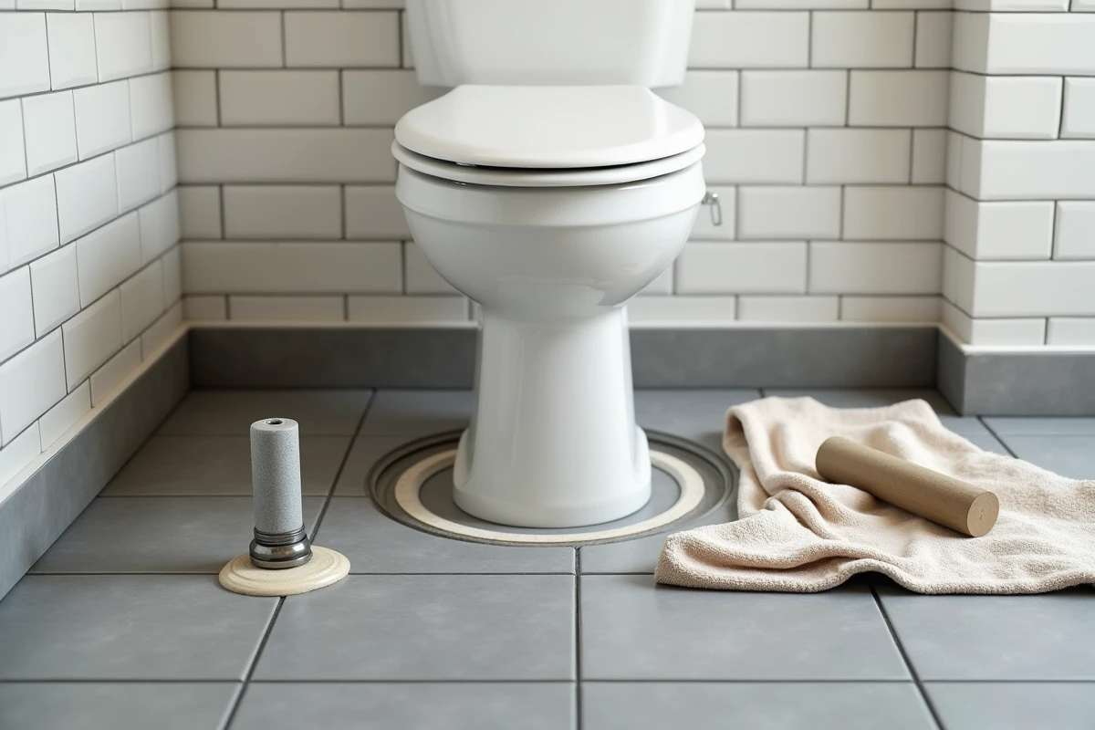 Joint de cire et bride de fixation prêts pour la pose d'une toilette stable