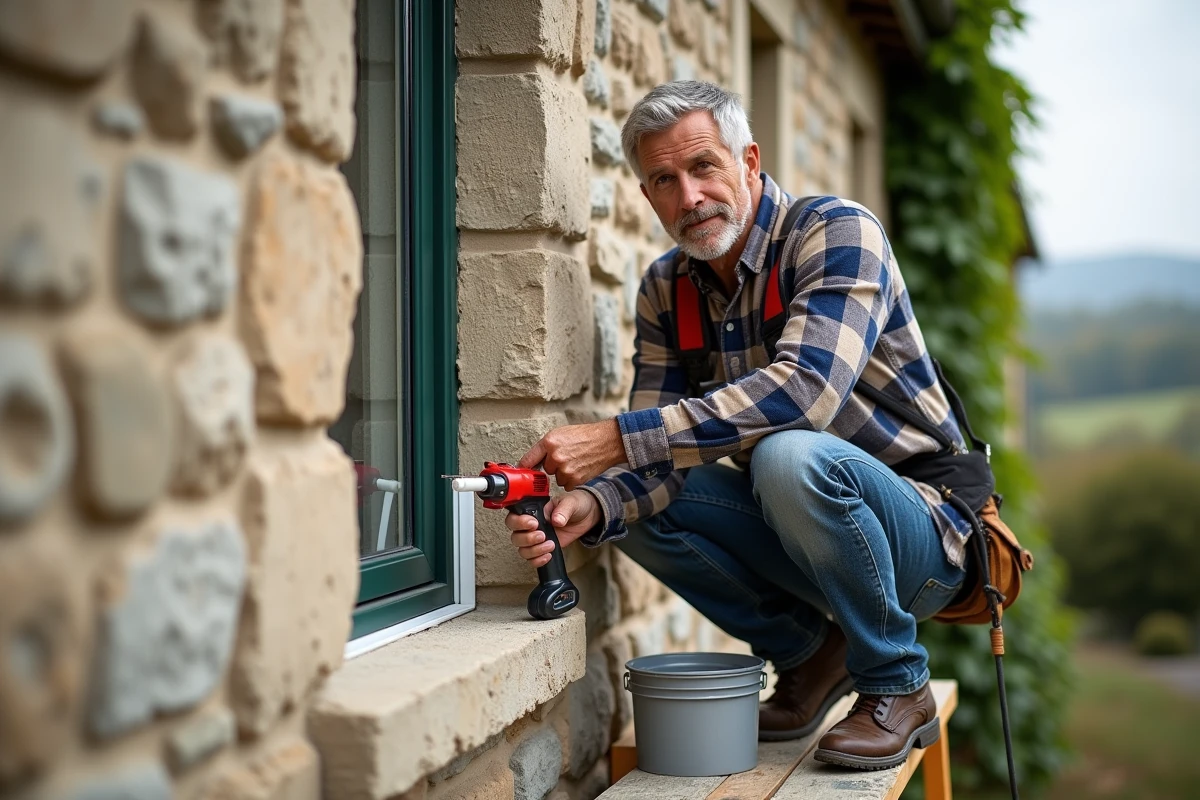 Artisan appliquant du mastic silicone autour d'une fenêtre installée sur façade extérieure en pierre