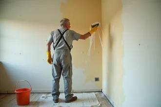 Homme en salopette lessivant un mur intérieur avant peinture avec une éponge savonneuse