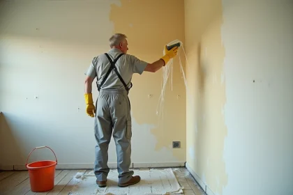 Homme en salopette lessivant un mur intérieur avant peinture avec une éponge savonneuse