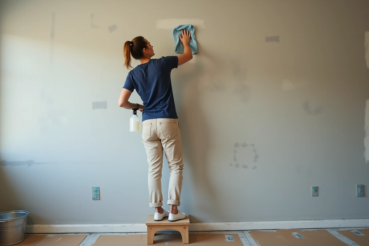 Femme appliquant un produit lessiviel sur un mur avant de le peindre dans un salon en rénovation