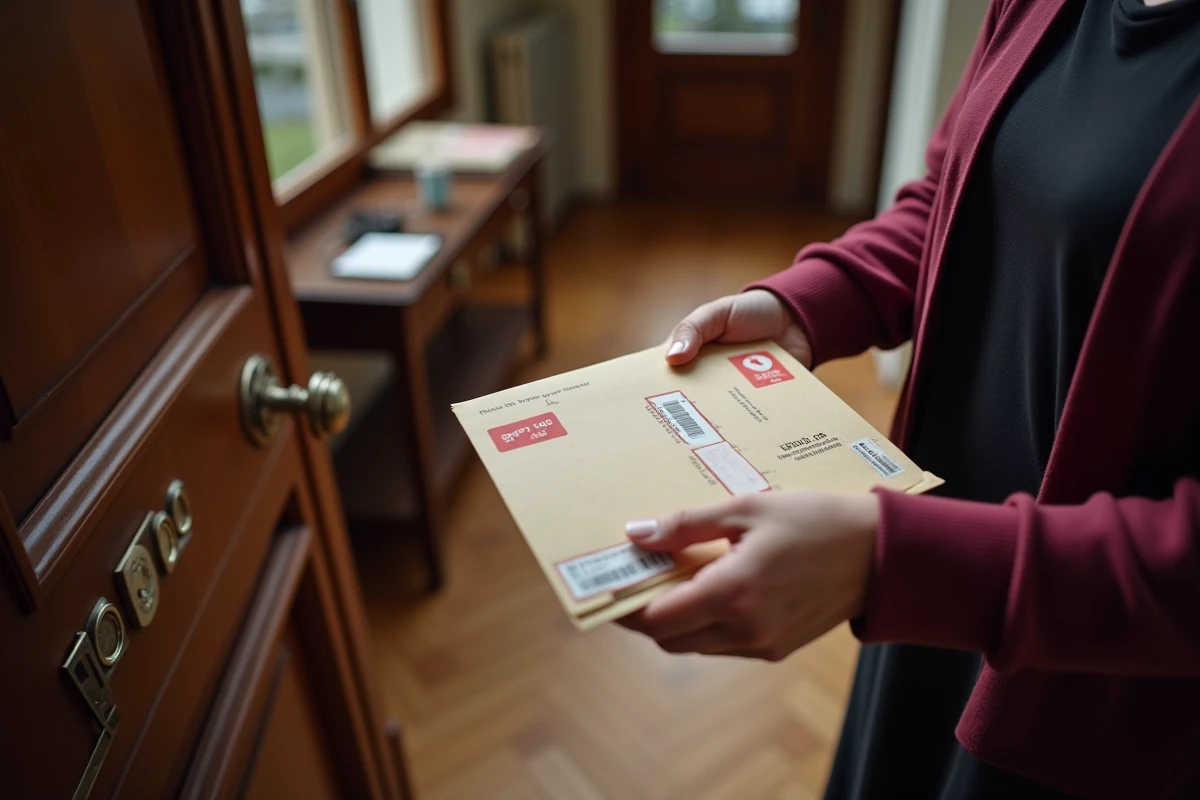 Mains triant des lettres réexpédiées avec des autocollants de réexpédition La Poste dans un couloir d'entrée
