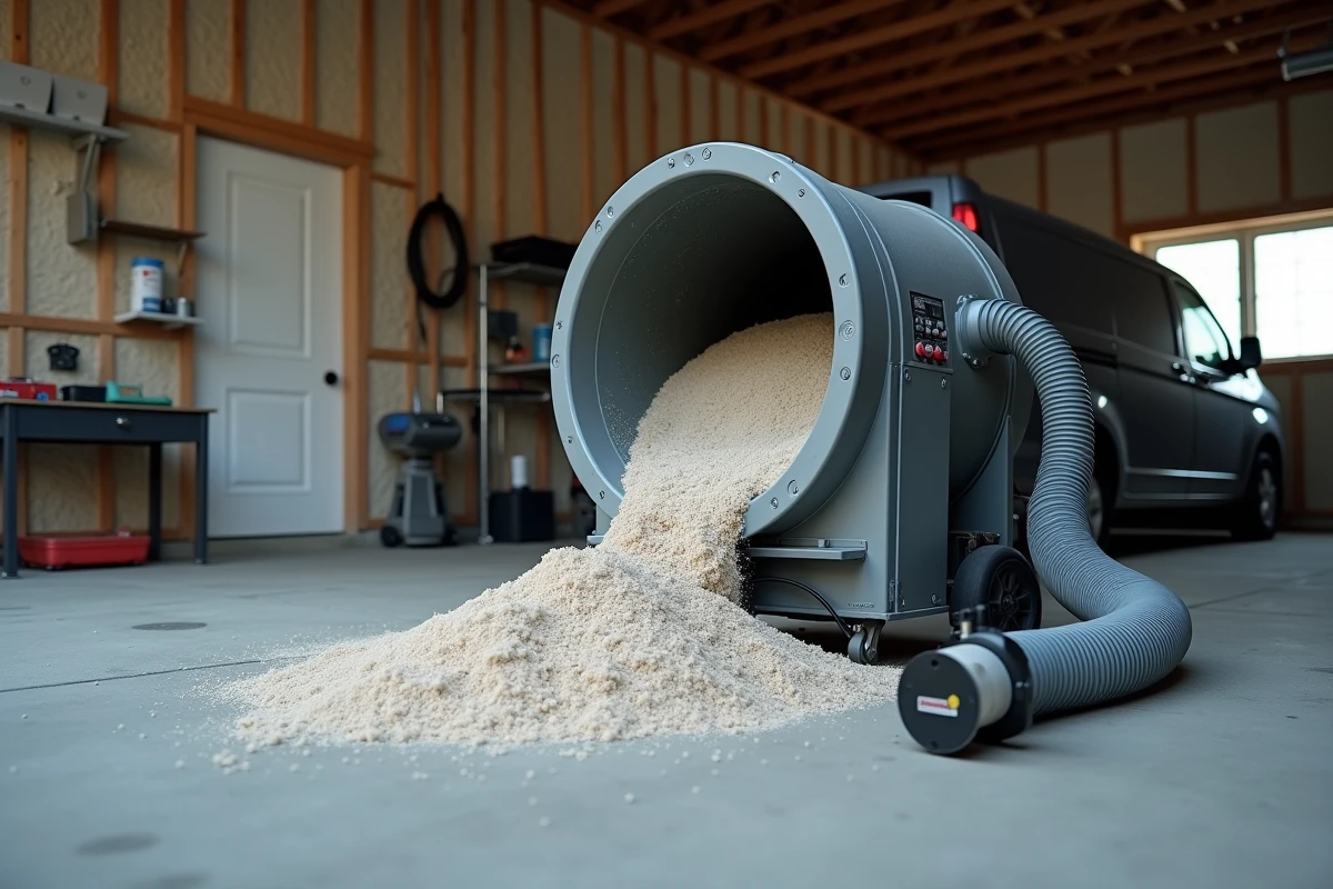 Machine professionnelle à souffler la ouate de cellulose posée dans un garage avec tuyau flexible et tableau de commande