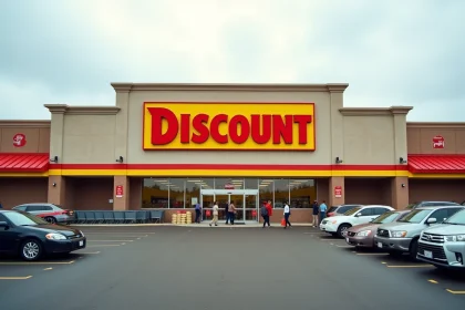 Devanture d'un grand magasin discount en zone commerciale avec enseignes rouge et jaune et chariots alignés à l'entrée