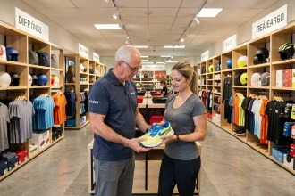 Intérieur du magasin Nîmes Ville Active avec rayons sportswear et équipements, employé conseillant une cliente