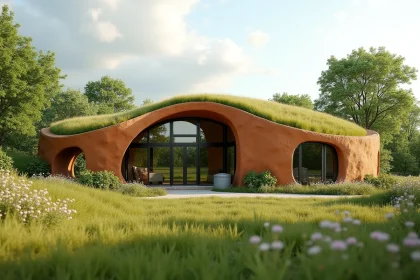 Maison écologique en terre comprimée avec toit végétalisé et jardin de plantes indigènes, exemple de construction durable