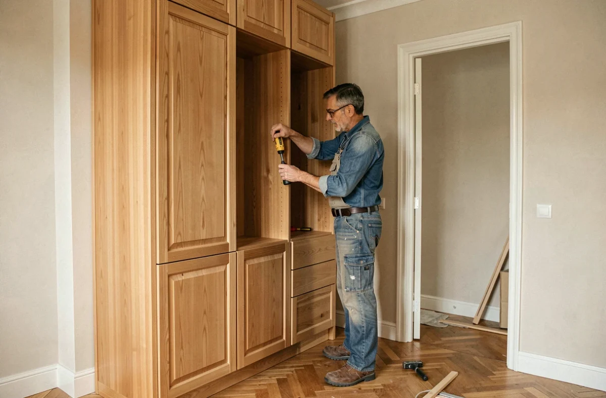 Menuisier installant des placards sur mesure dans un intérieur aménagé par Marseille Maison