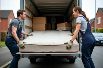 Deux déménageurs faisant rentrer un matelas dans un camion 6m3 en le penchant sur le côté