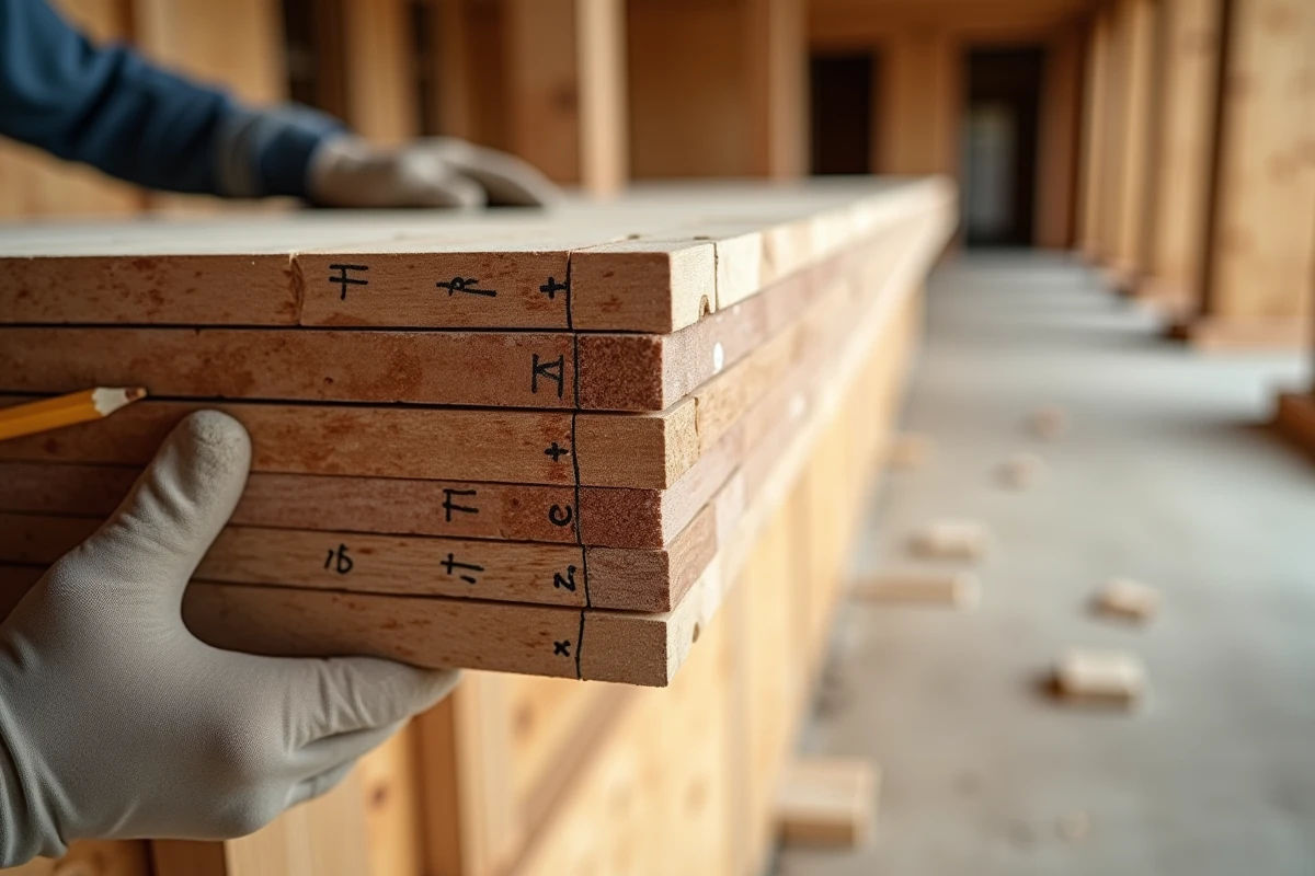 Détail de panneaux de bois lamellé-croisé CLT en cours d'installation sur un chantier de construction