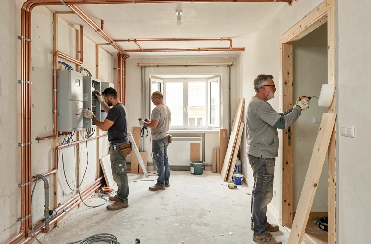 Équipe pluridisciplinaire de MBA Rénovation effectuant des travaux tous corps d'état dans un appartement à Marseille
