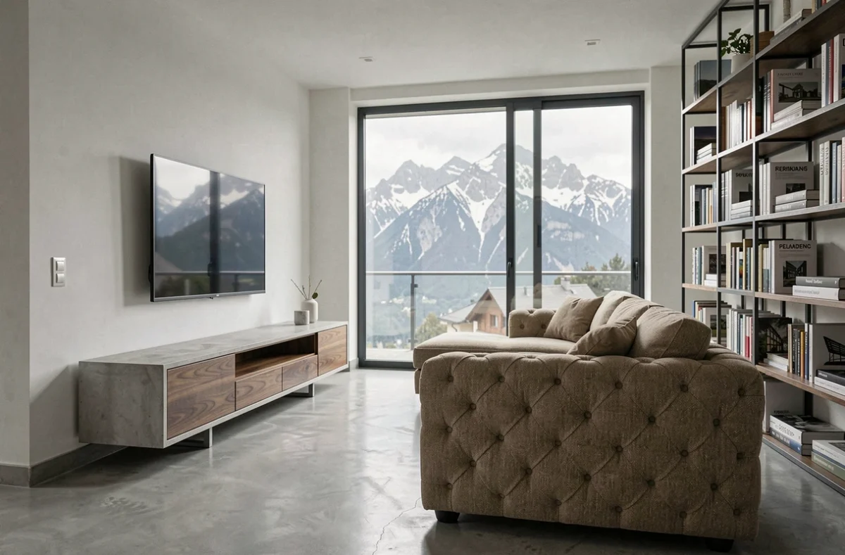 Salon contemporain à Grenoble réalisé par MC2S avec micro-ciment, bibliothèque en acier et vue sur les Alpes