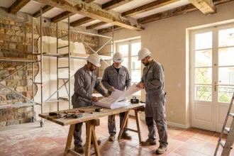 Équipe de rénovation professionnelle à Marseille révisant des plans architecturaux dans un appartement en cours de travaux