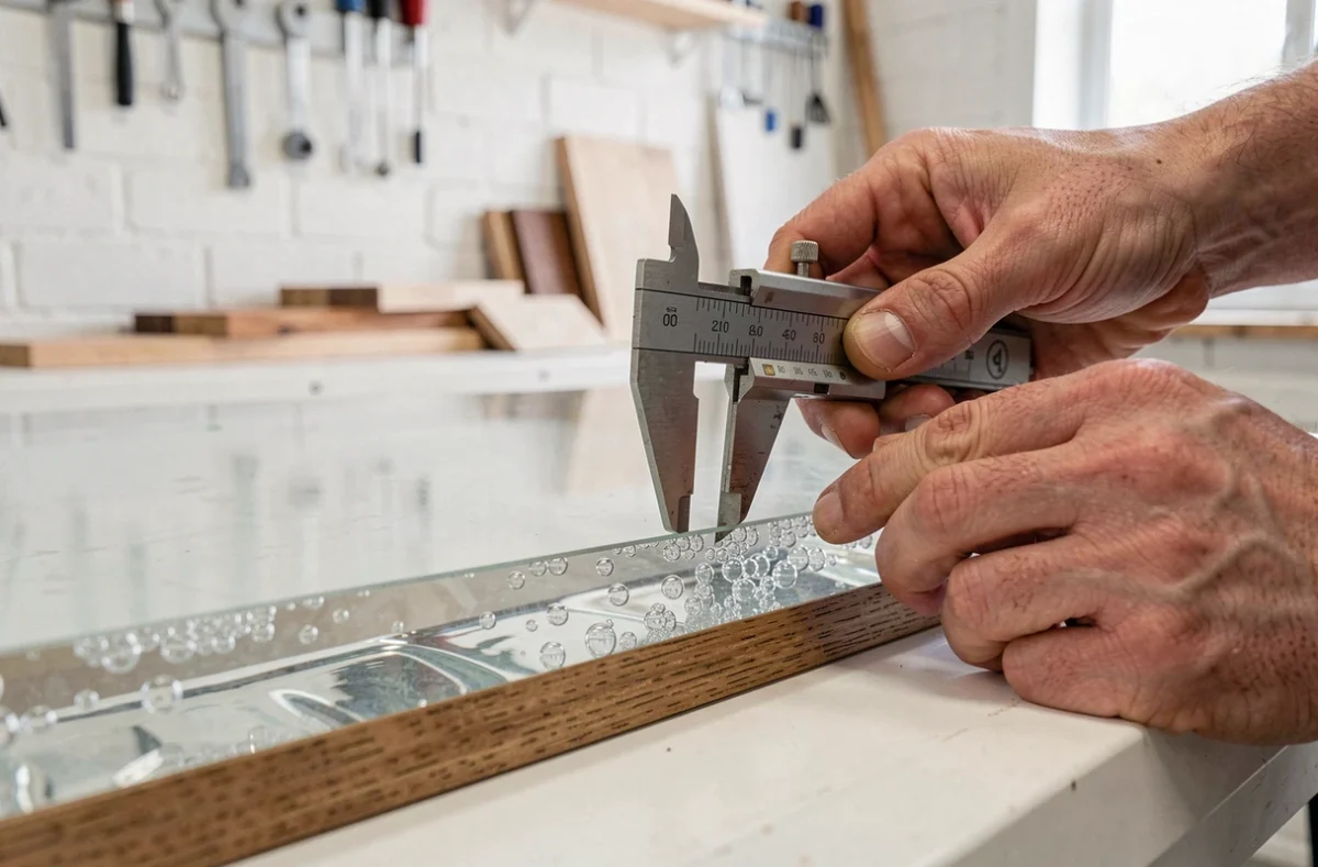 Artisan mesurant l'épaisseur d'une dalle en résine époxy avec un pied à coulisse dans un atelier