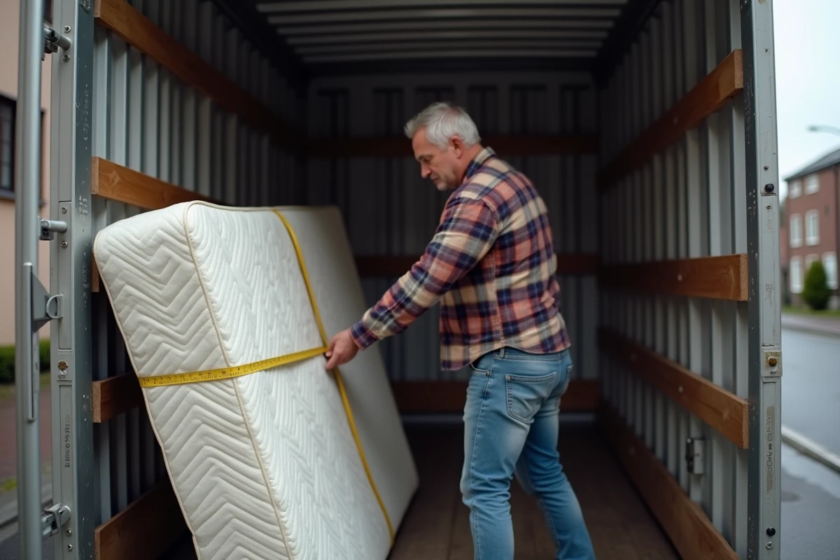 Homme mesurant l'intérieur d'un camion de déménagement 6m3 avec un matelas posé verticalement