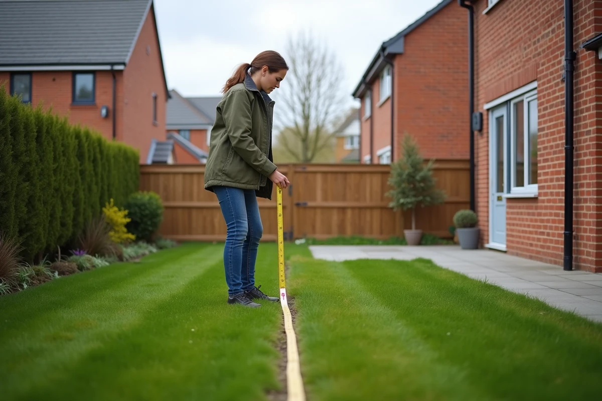 Femme mesurant la surface disponible dans un jardin pour une extension de maison
