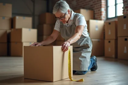 Femme mesurant le volume d'un carton standard dans un entrepôt de stockage