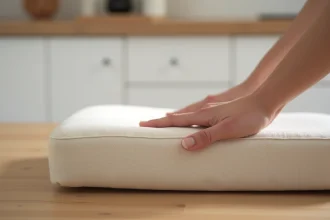 Gros plan sur la mousse d'un coussin de chaise de salle à manger pressé par une main, montrant la densité et la résilience du rembourrage