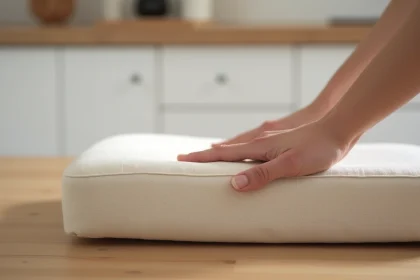 Gros plan sur la mousse d'un coussin de chaise de salle à manger pressé par une main, montrant la densité et la résilience du rembourrage