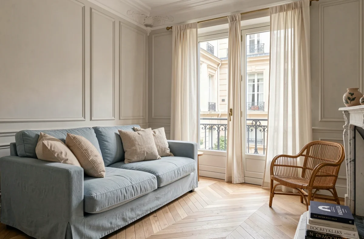 Appartement lyonnais décoré avec soin par Mousse et Voile, parquet en chevrons, lin bleu poudre et moulures haussmanniennes