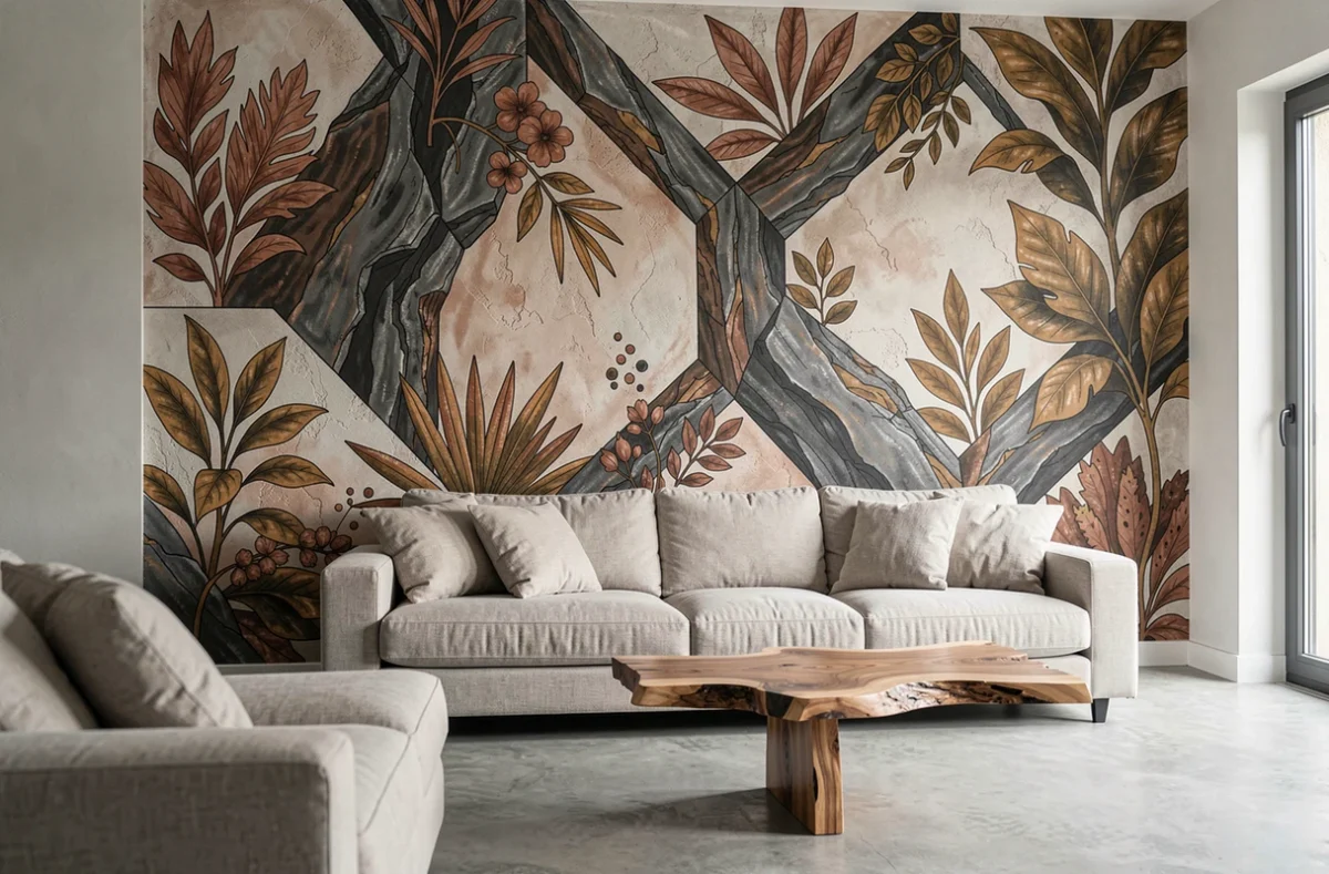 Mur design réalisé par Mur Design by Ambiance à Clermont-Ferrand avec fresque géométrique volcanique en ocre, charbon et terracotta
