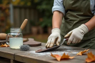 Femme nettoyant une truelle de jardin rouillée avec du vinaigre blanc sur un établi en bois à l'automne