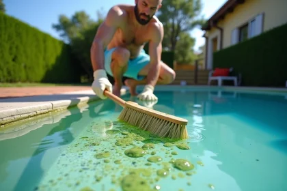 Homme nettoyant les algues au fond d'une piscine avec une brosse à long manche sans aspirateur