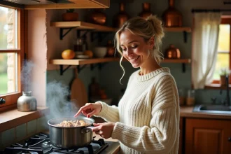 Femme souriante dans une cuisine rustique remuant un mélange de cannelle et de pommes sur une cuisinière, évoquant les odeurs accueillantes d'une maison chaleureuse