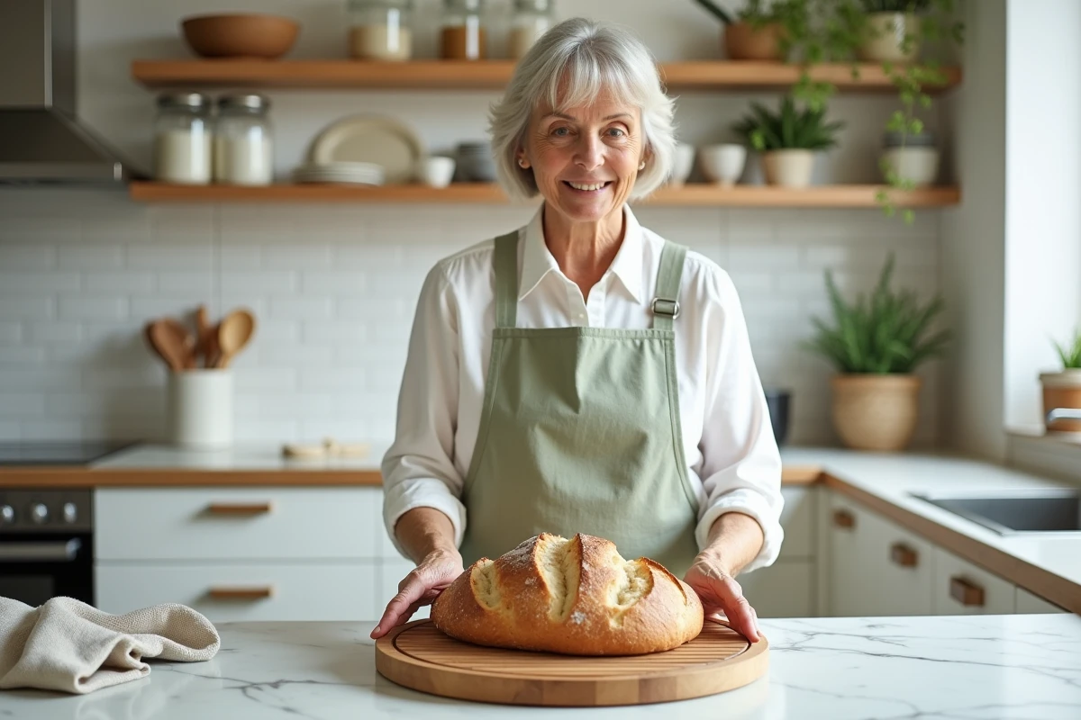 Femme posant un pain au levain fumant sur une grille de refroidissement dans une cuisine lumineuse, évoquant l'odeur réconfortante du pain frais dans une maison